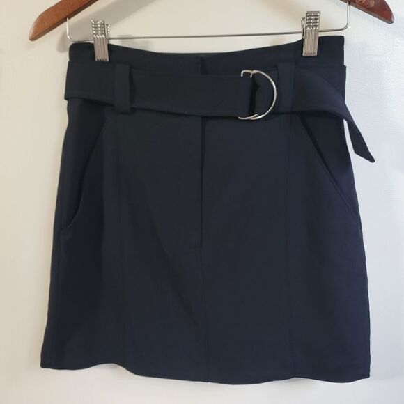 A.L.C. Navy Bronx Belted Straight Wool-Blend Skirt Size 2 - Picture 4 of 10